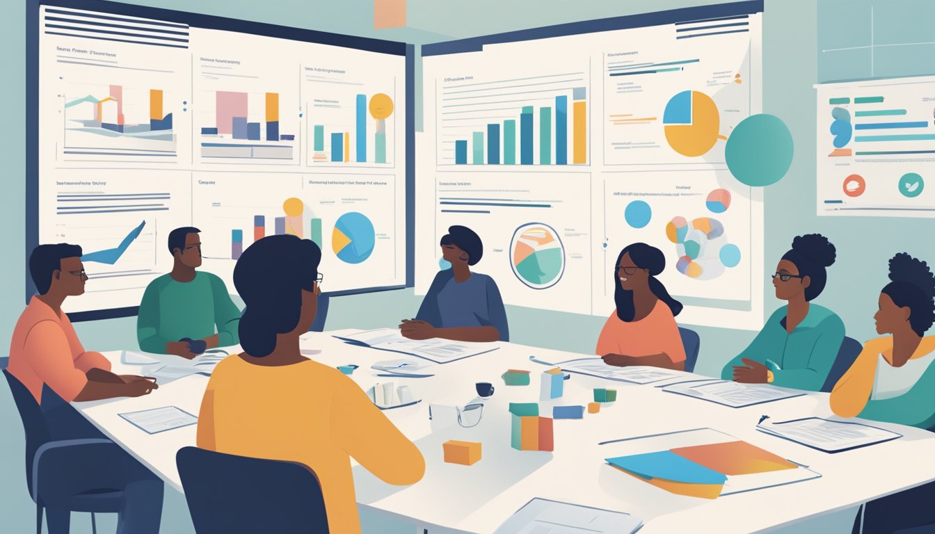 A group of diverse individuals gather around a table, discussing strategies for addressing the mental health impact of CIRS. Charts and graphs are displayed on the walls, and a sense of collaboration and determination fills the room