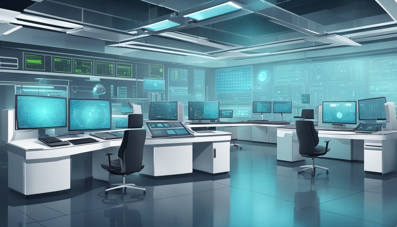 A futuristic laboratory with advanced equipment and computer screens displaying cutting-edge research in CIRS