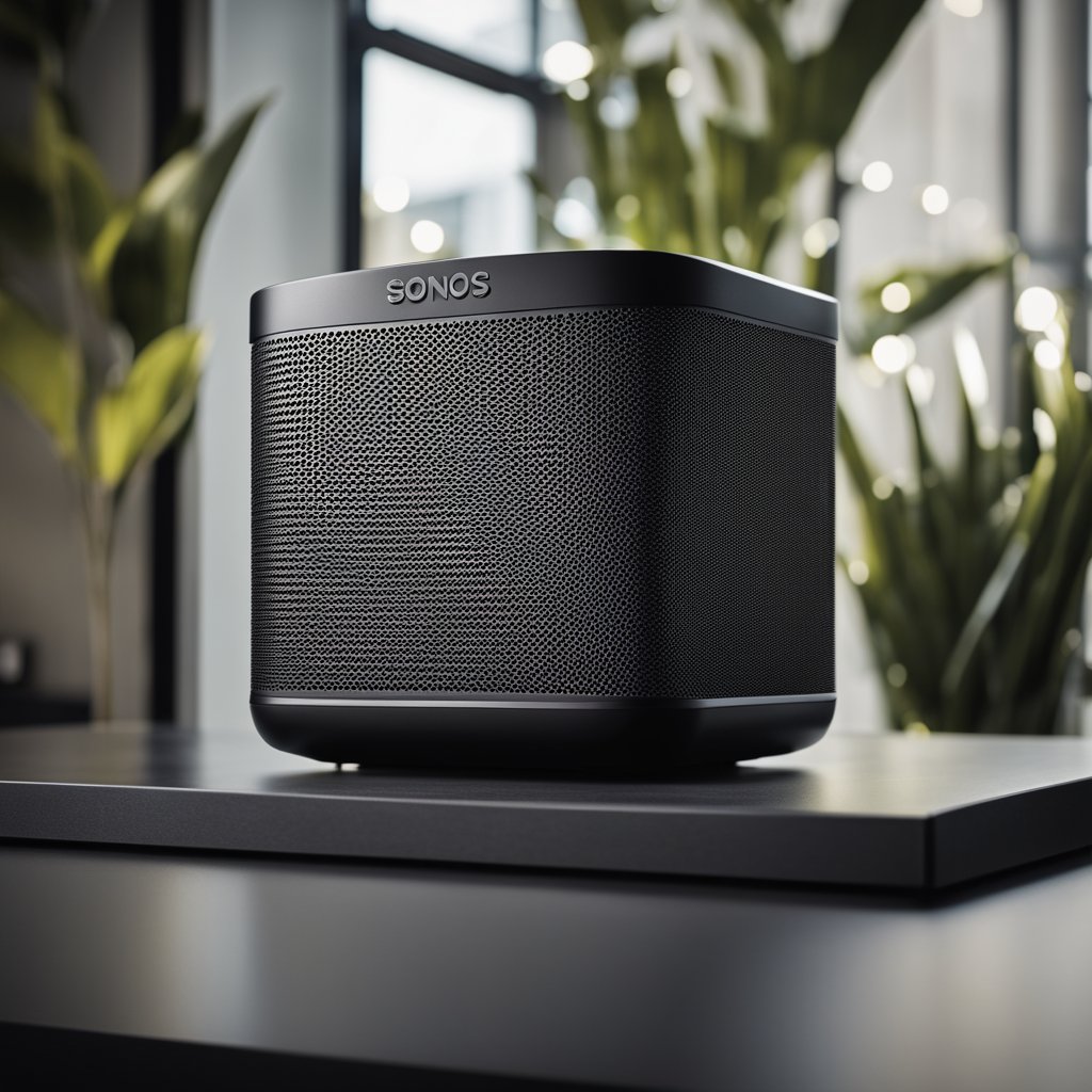 A sleek Sonos speaker emits sound waves, compressing and expanding in a rhythmic pattern