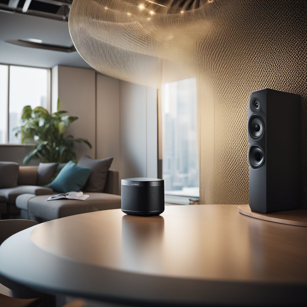 A room with a Sonos speaker playing music, sound waves visibly compressing and expanding in the air around it