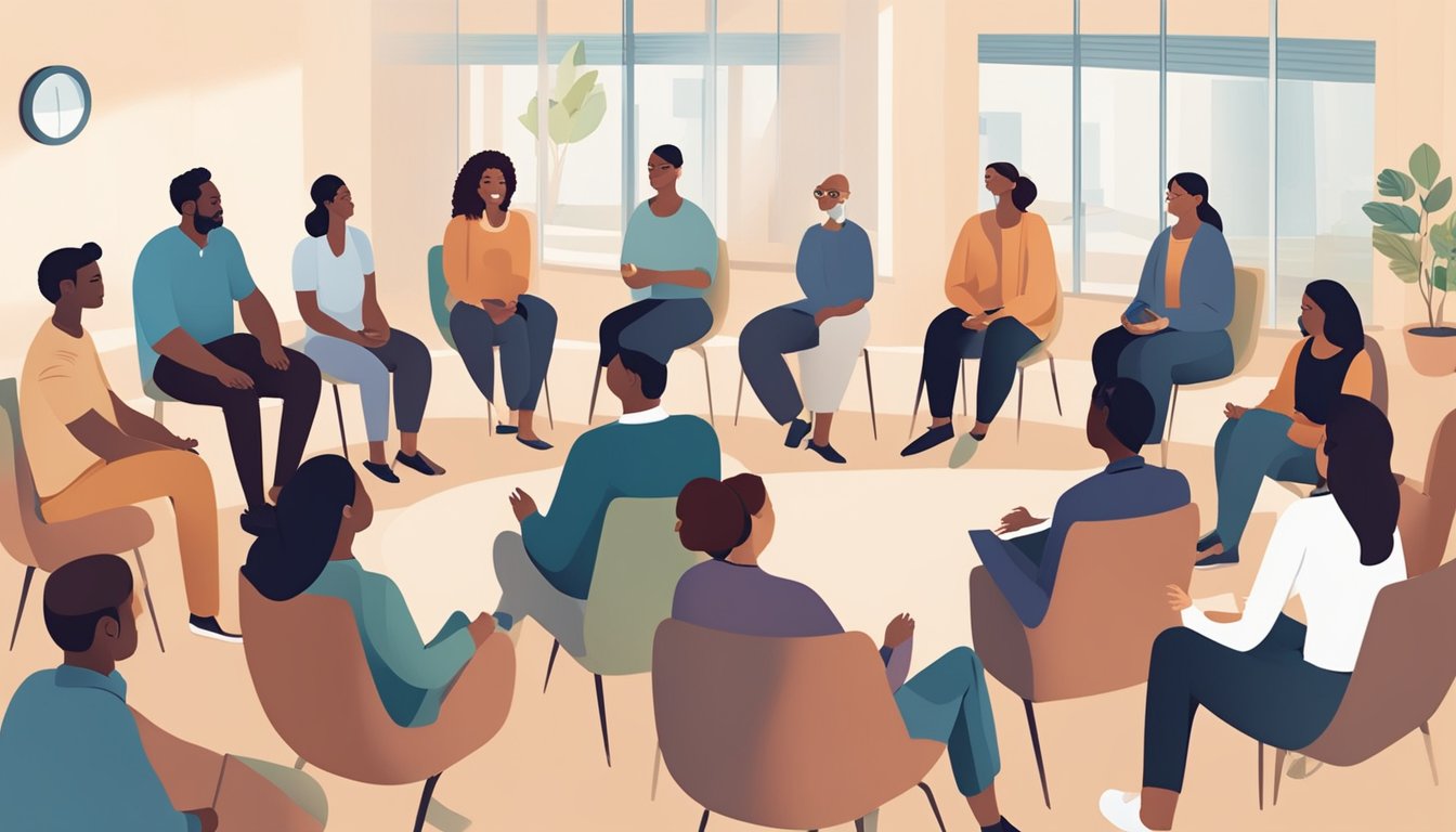 A group of diverse individuals gather in a circle, sharing resources and offering support to CIRS patients. The atmosphere is warm and welcoming, with a sense of community and understanding
