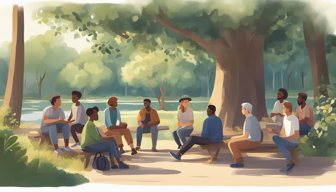 A group of people gather in a peaceful outdoor setting, surrounded by trees and gentle sunlight. They are engaged in conversation, offering support and understanding to one another
