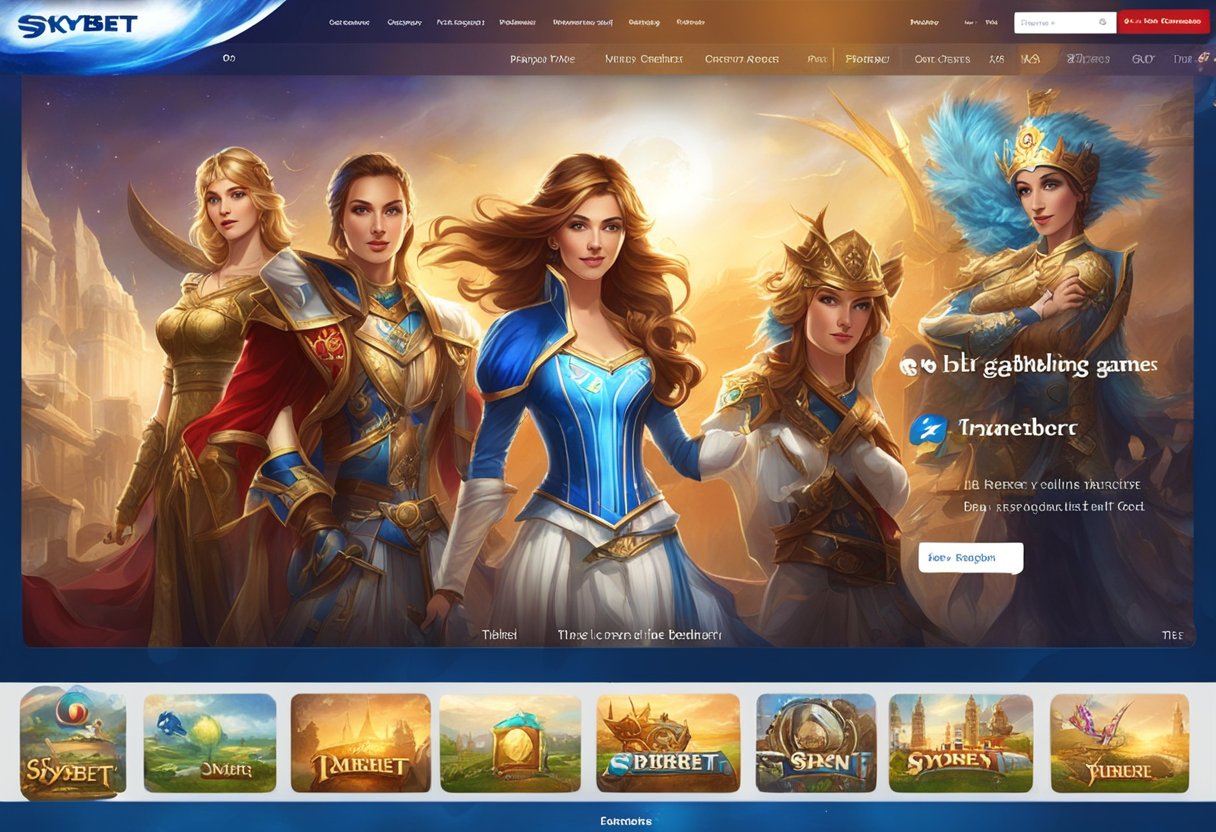 The website skybet.com features various gambling games like slots, poker, and sports betting. The site's layout is sleek and modern, with a blue and white color scheme. The homepage prominently displays current promotions and offers
