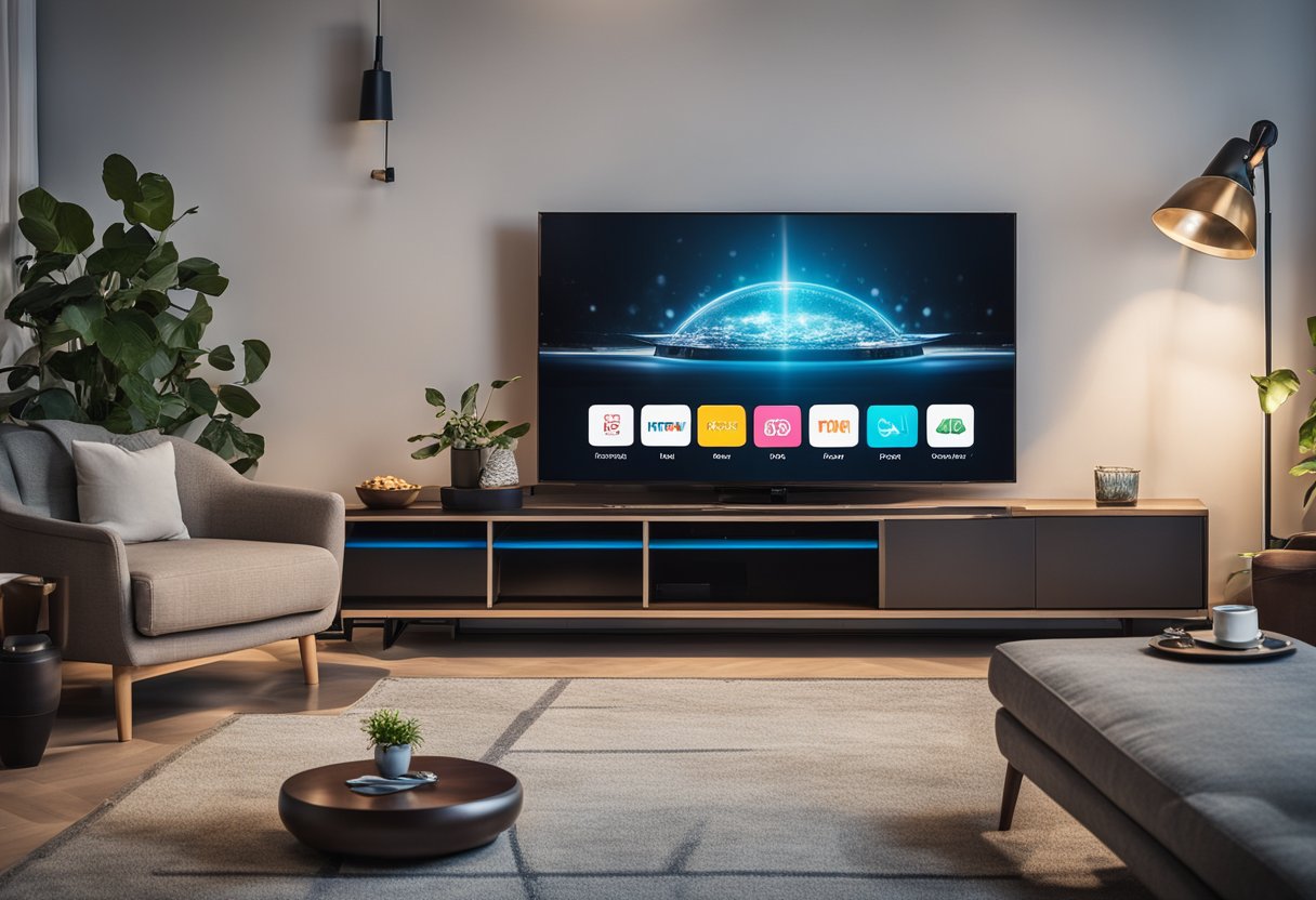 A modern living room with a large flat-screen TV displaying an IPTV interface. A comfortable couch and a coffee table with a remote control and snacks