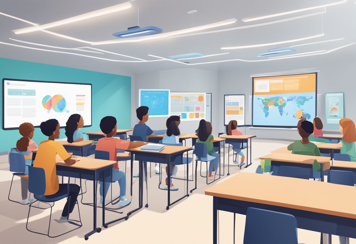 A classroom setting with AI-enhanced technology aiding student learning, with engaged educators and students interacting with personalized learning platforms