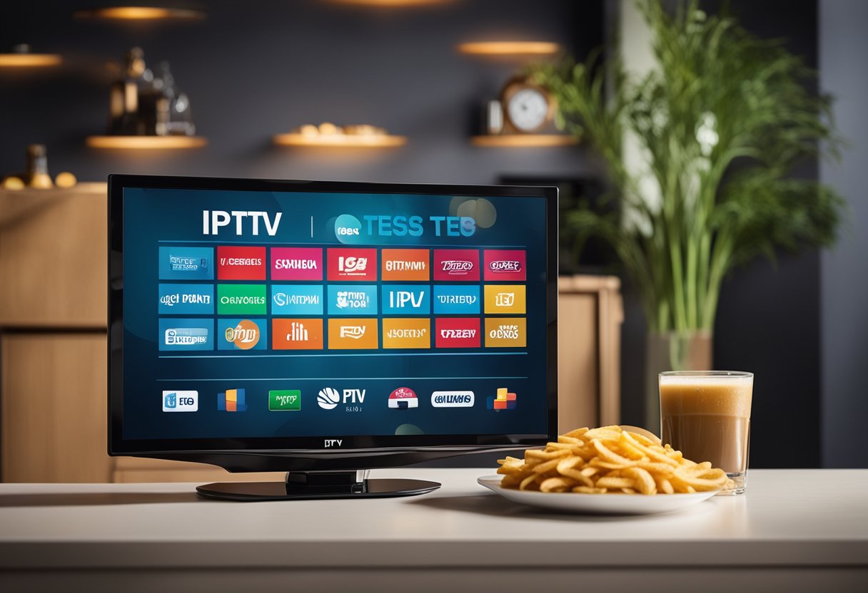 A TV screen displaying various channels with the text "IPTV Teste" on the screen, surrounded by comfortable seating and snacks