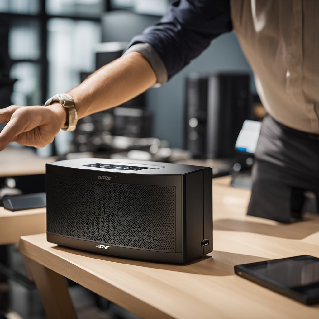 The Bose SoundTouch 20 is being reset with a small tool pressing the reset button on the back of the speaker