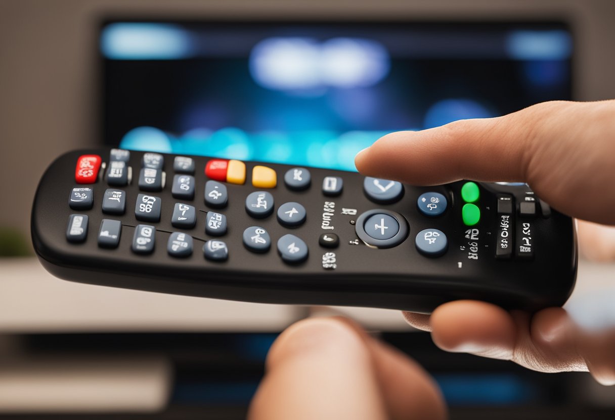 A hand holding a remote control, pointing it towards a television screen displaying the "Como Testar o IPTV Teste IPTV" interface