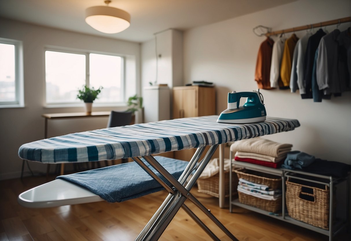 A neatly arranged ironing board with a steam iron, a pile of clothes, and a pleasant, well-lit room