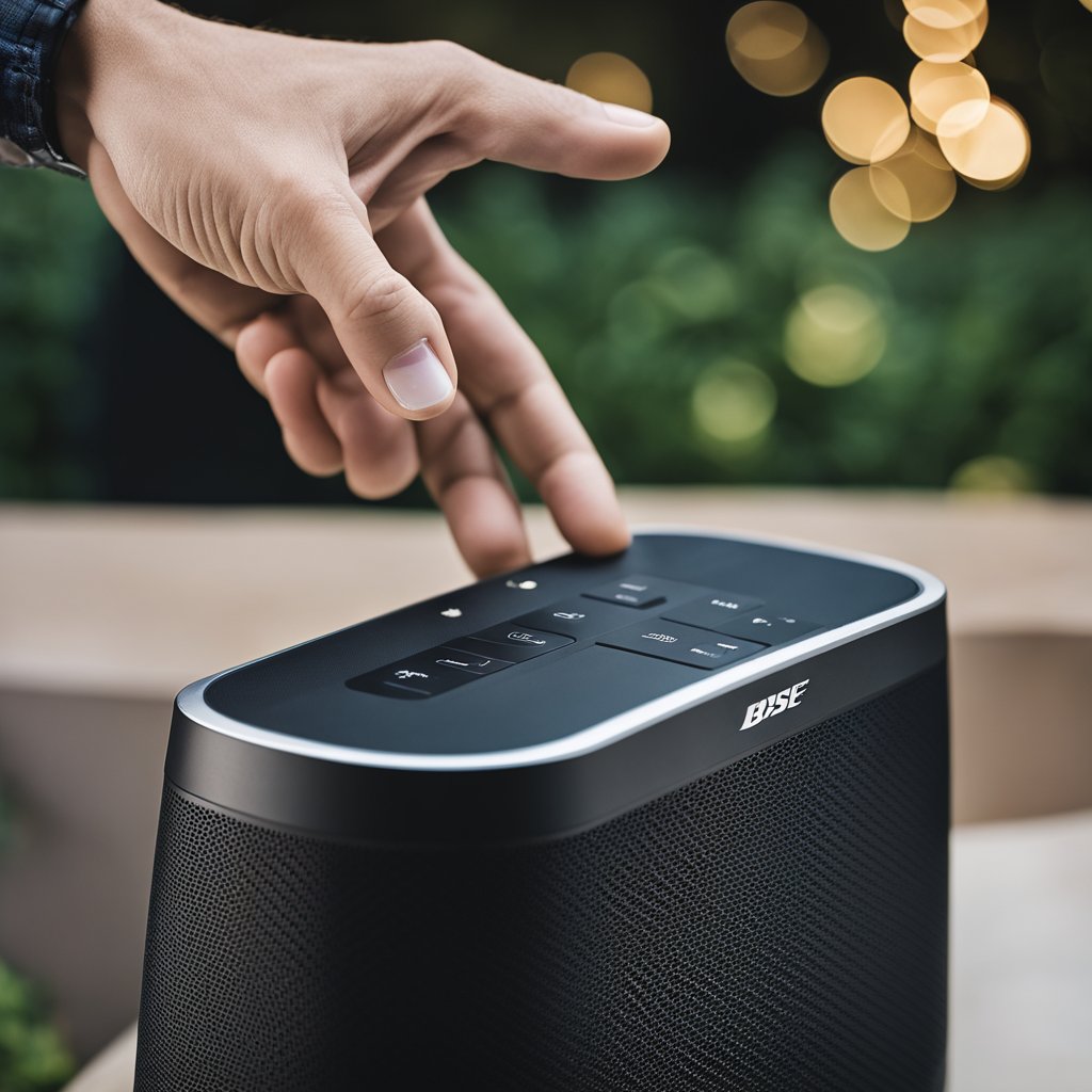 A hand reaches for the power button on the Bose SoundLink Revolve speaker. The hand holds down the button until the speaker emits a tone, indicating that it has been reset