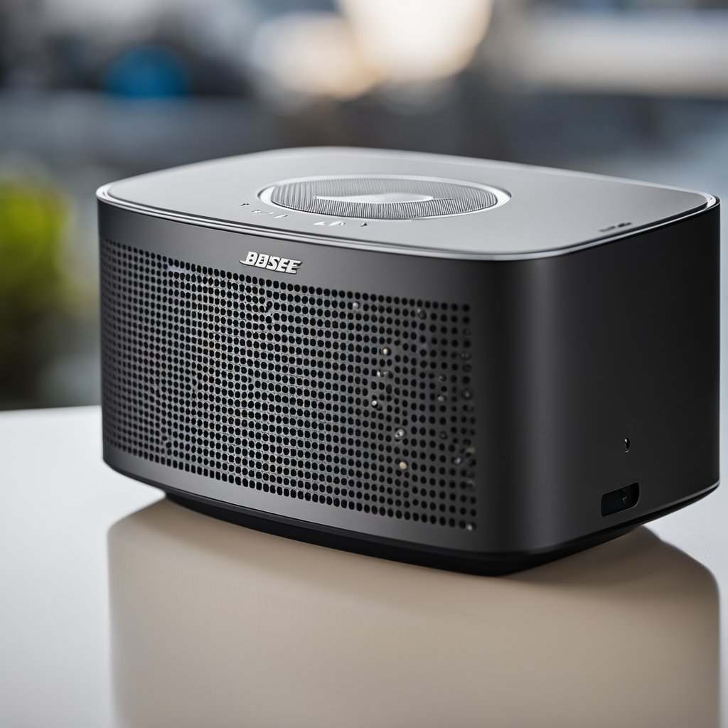 The Bose SoundLink Revolve sits on a flat surface. A finger presses and holds the power button until the device emits a tone, indicating it has been reset