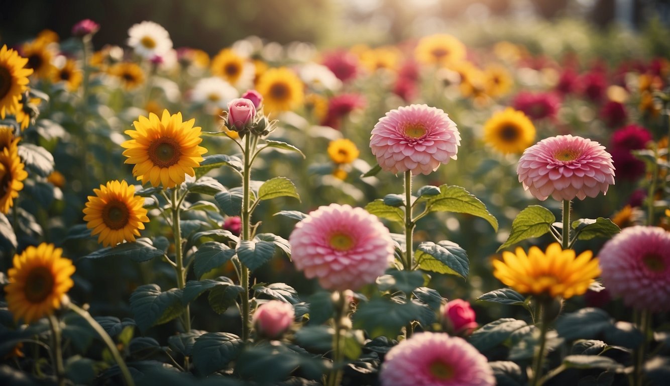 A vibrant garden with rows of colorful blooms like roses, sunflowers, and daisies, ready to be harvested for the top annual cut flowers to grow