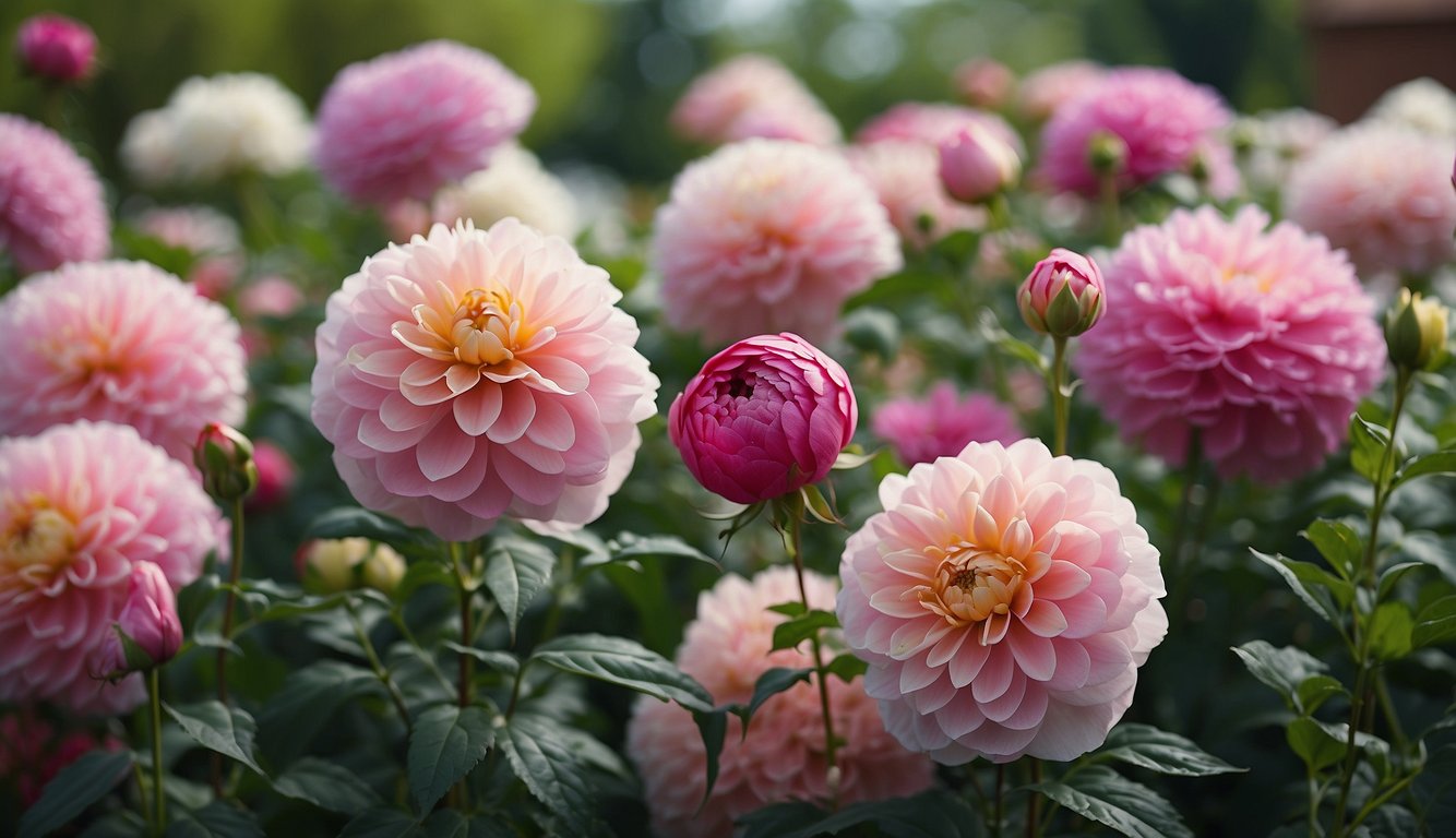 A garden filled with blooming perennial flowers like roses, peonies, and dahlias, ready to be cut for bouquets