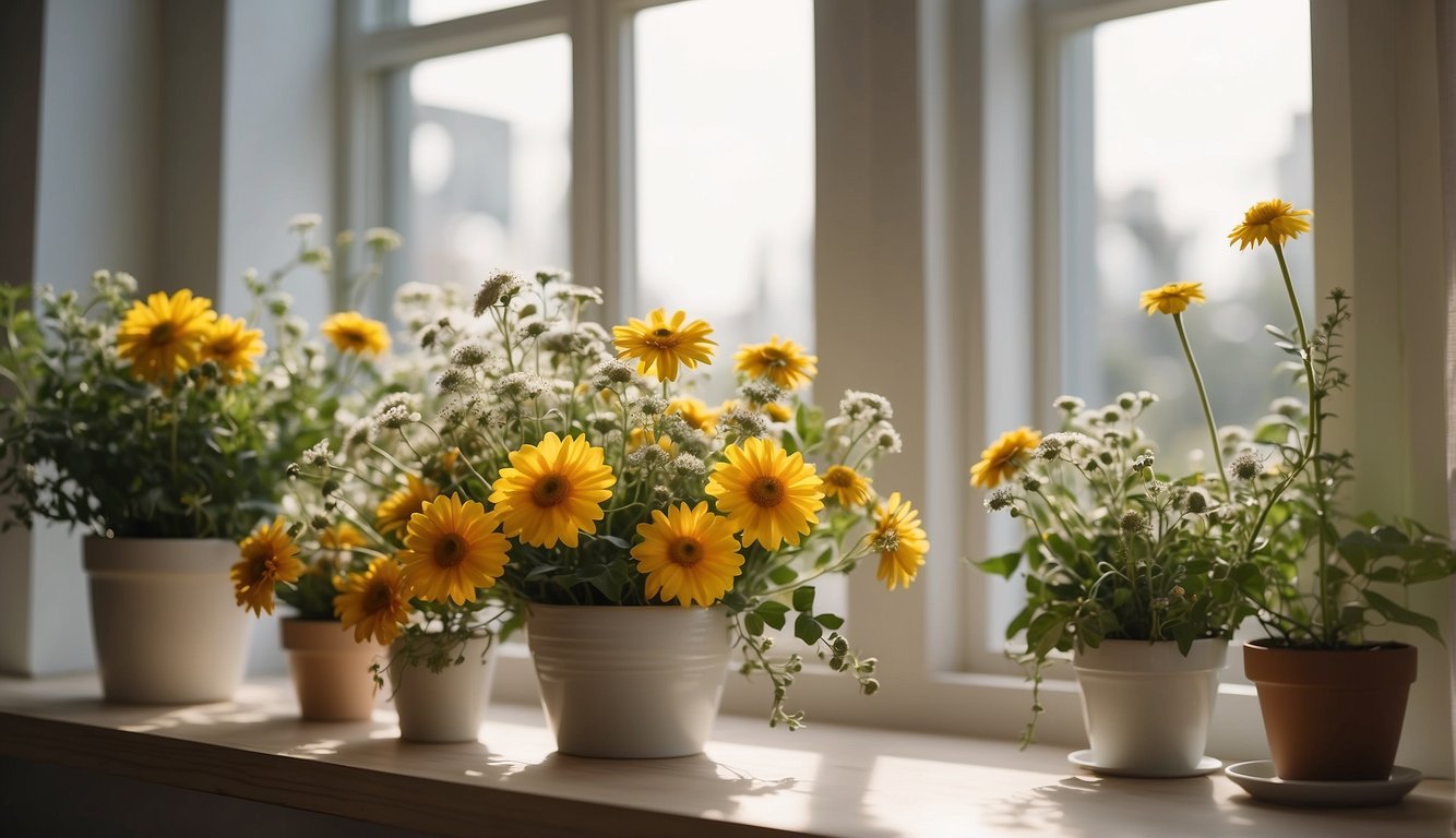 A bright, airy room with a large, south-facing window. A clean, clutter-free space with a dedicated area for arranging and displaying cut flowers