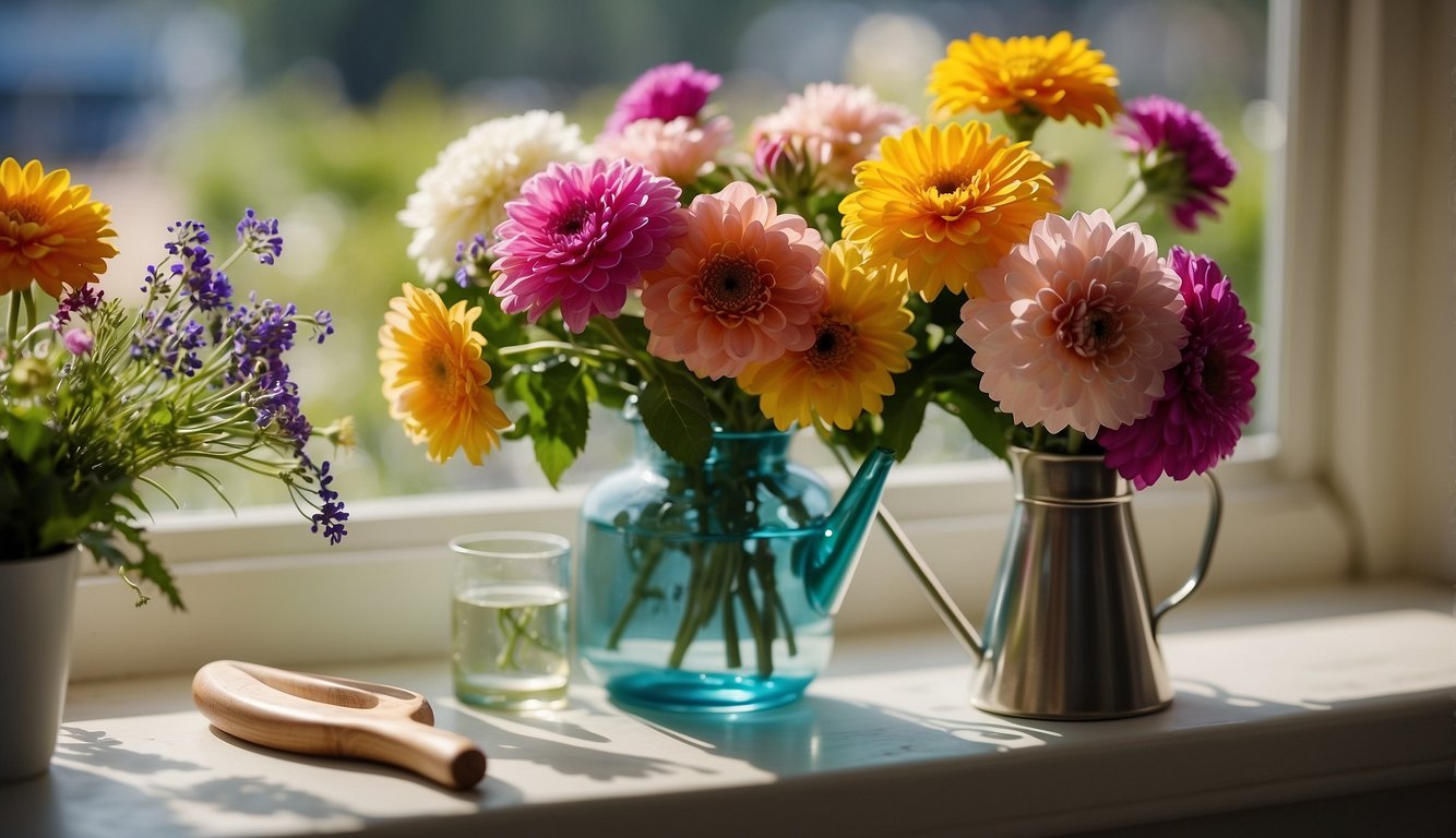 Brightly colored cut flowers arranged in a clear glass vase on a sunny windowsill, surrounded by gardening tools and a watering can