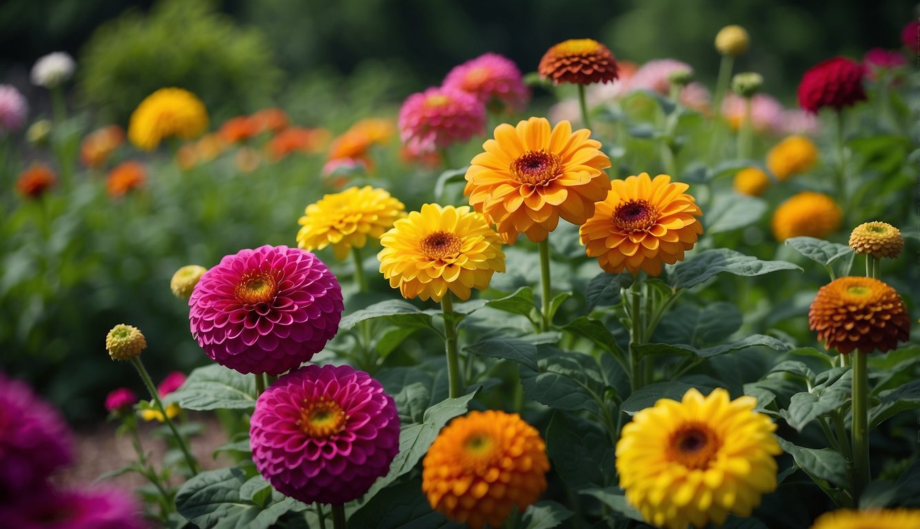 Colorful blooms of zinnias, dahlias, and sunflowers arranged in a garden bed with lush green foliage in the background