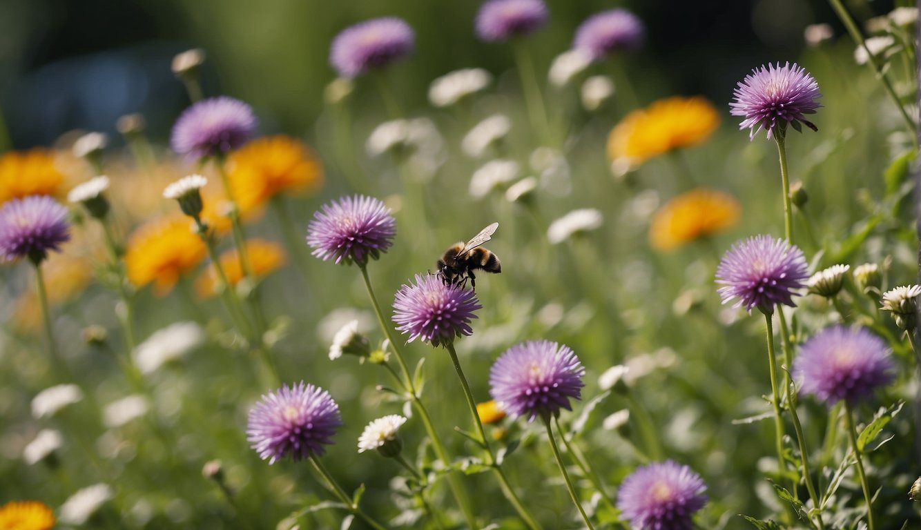 A garden filled with vibrant cut flowers attracting bees and butterflies, supporting pollinators