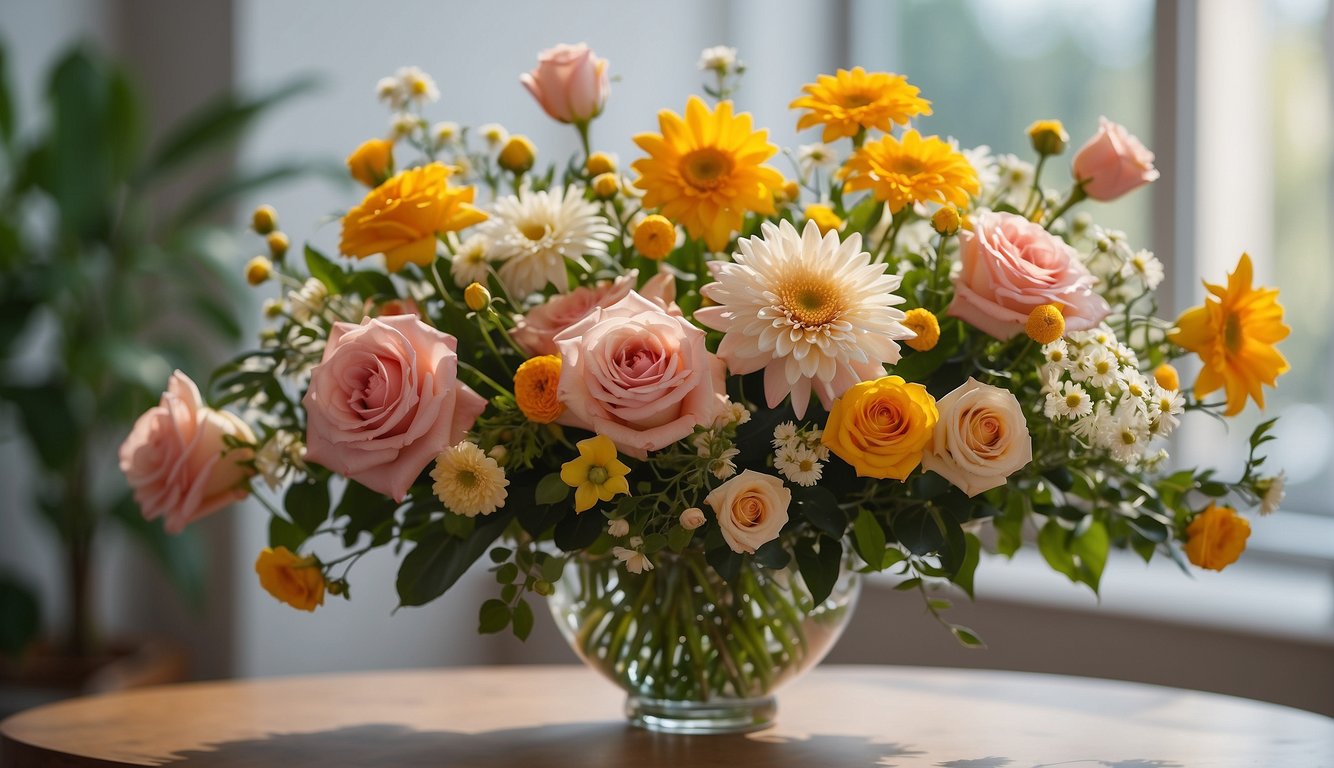 A colorful array of blooming flowers, including roses, lilies, and daisies, arranged in a vase with foliage and placed on a table