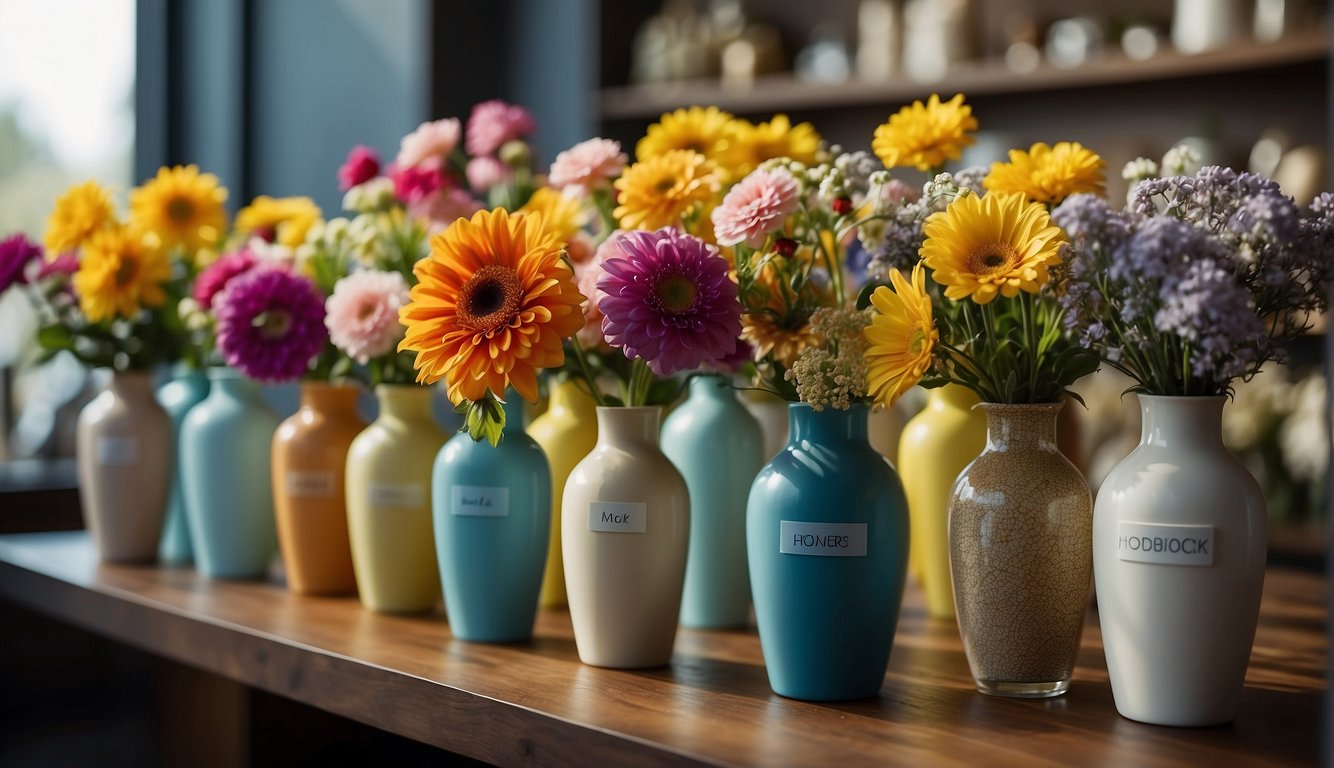 Colorful flowers arranged in a variety of vases, with labels indicating the best cut flowers to grow. Bright lighting and a clean, organized display