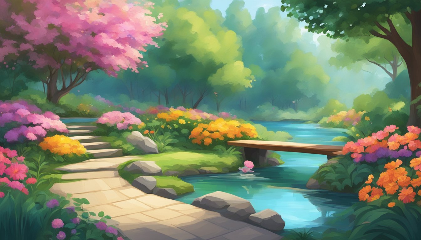 A serene garden with a flowing stream, surrounded by lush greenery and colorful flowers. A person sits in meditation, surrounded by a sense of peace and tranquility