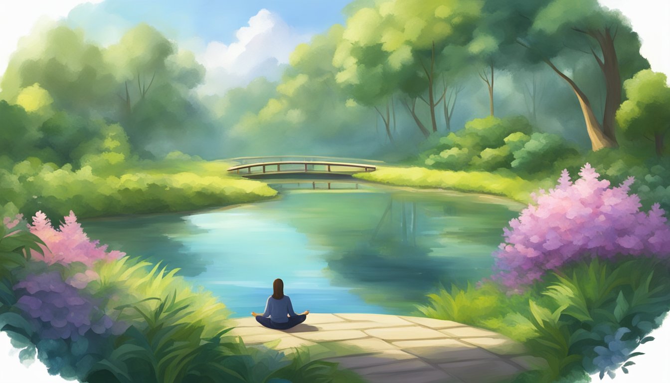 A serene landscape with a tranquil pond surrounded by lush greenery, with a figure practicing mindfulness and meditation, exuding a sense of calm and inner peace