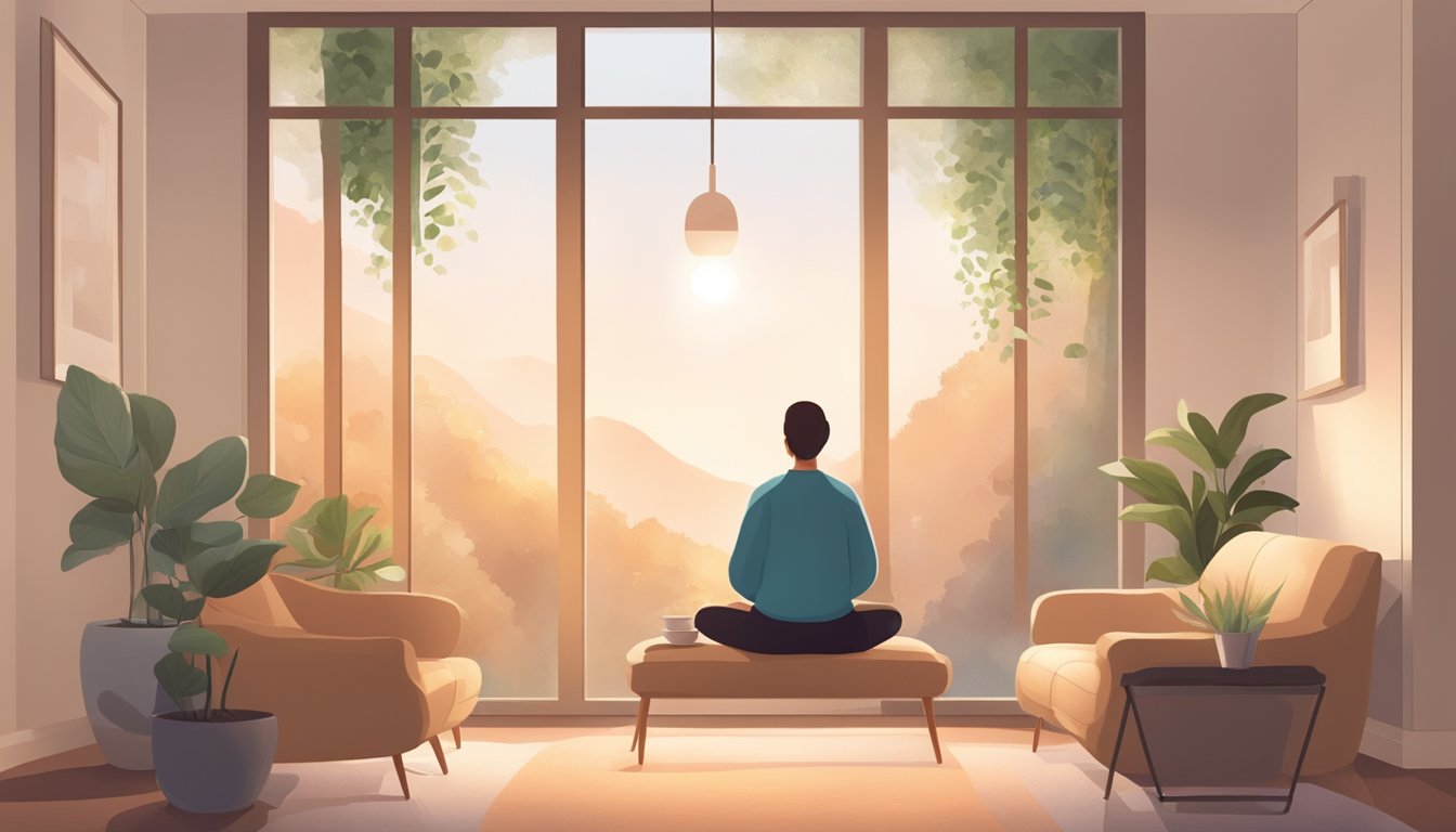 A serene setting with a therapist guiding a client through mindfulness meditation. A peaceful environment with soft lighting and comfortable seating
