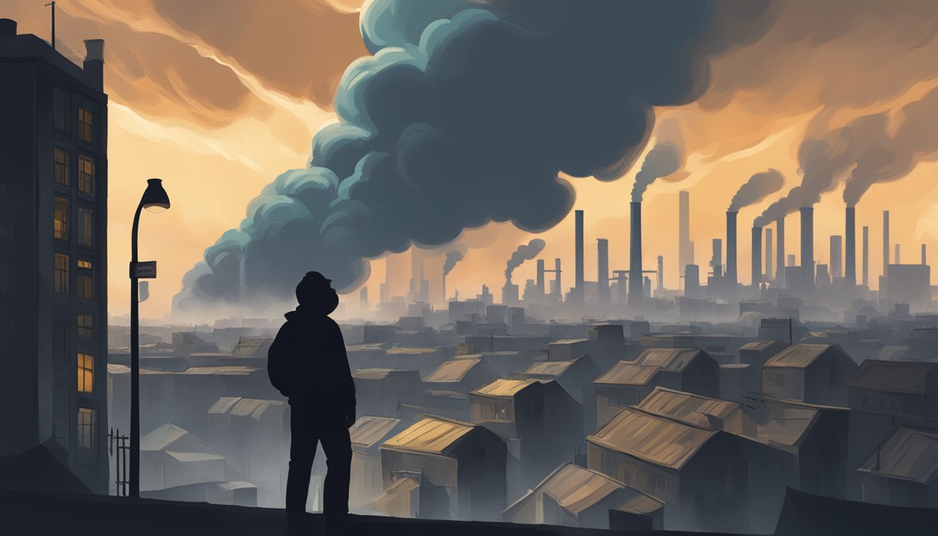 A dark storm cloud looms over a city, casting shadows on polluted streets. A person with a respiratory mask looks on, surrounded by industrial buildings emitting toxic fumes