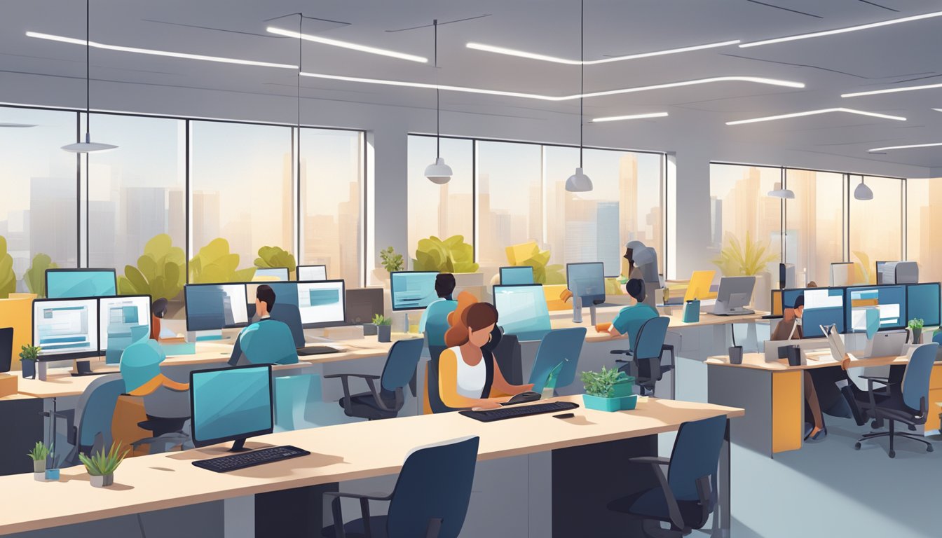 Employees with CIRS using ergonomic desks and chairs, adjustable lighting, and air purifiers in an open office setting