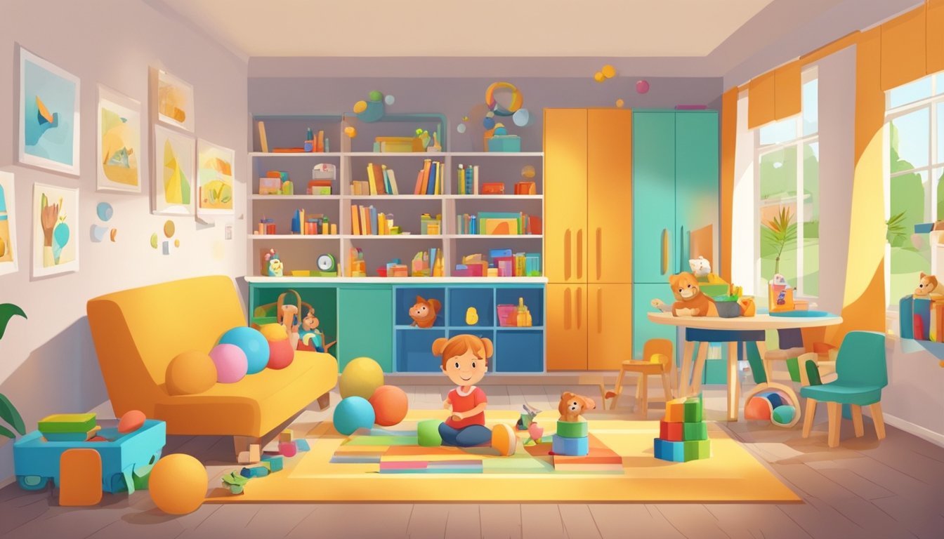 Colorful playroom with toys and books. Children interacting with caregivers. CIRS materials displayed on the wall. Family members engaged in supportive activities