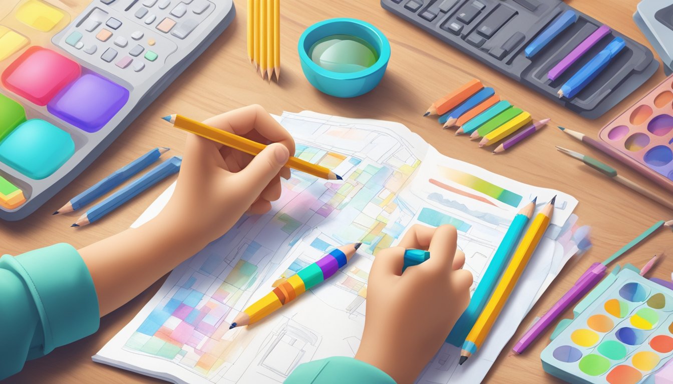 A child's hand holding a pencil, surrounded by colorful screening and diagnostic tools, with a supportive family in the background