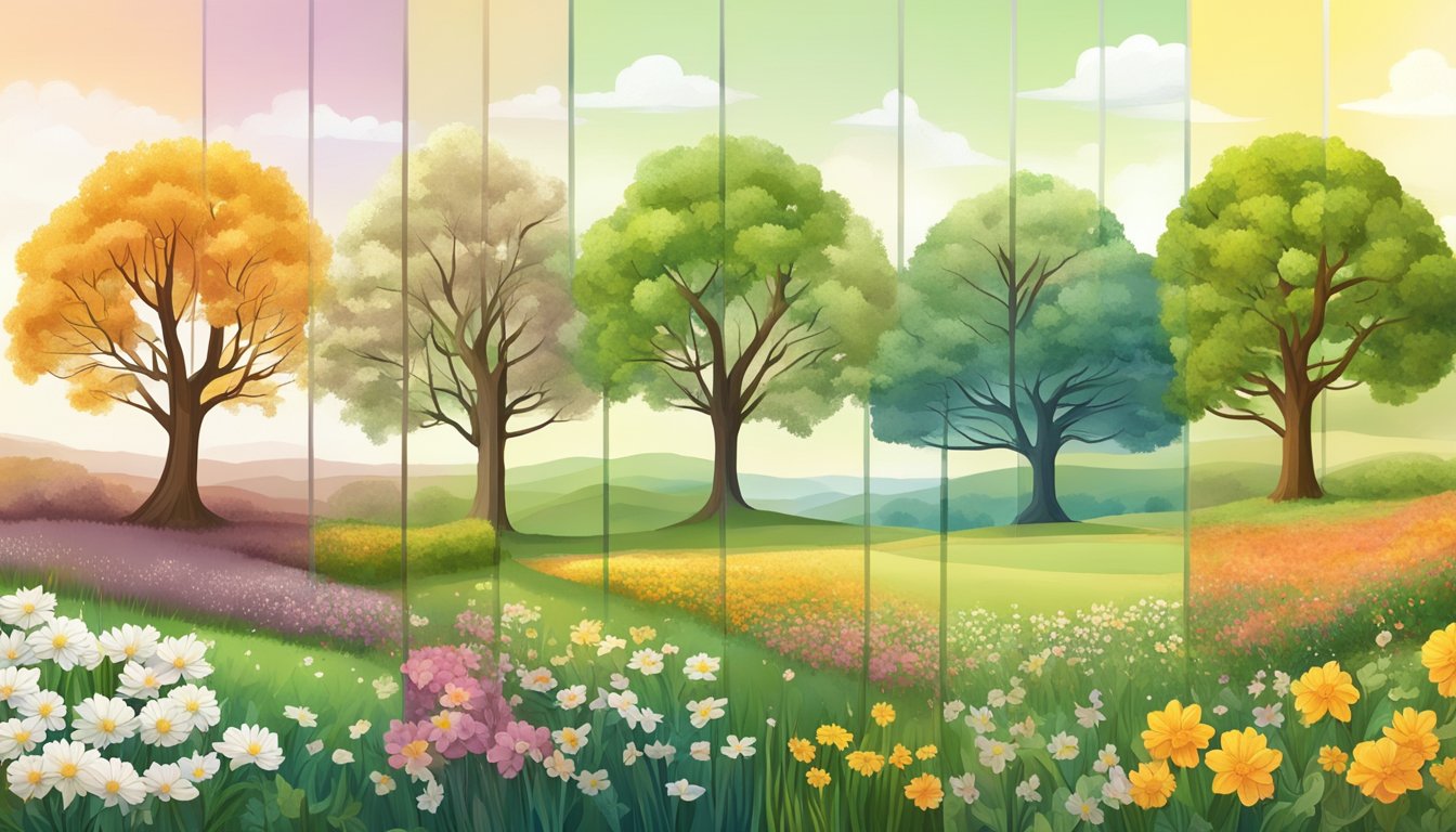 A serene landscape with trees and flowers transitioning through different seasons, depicting the impact of seasonal changes on CIRS symptoms