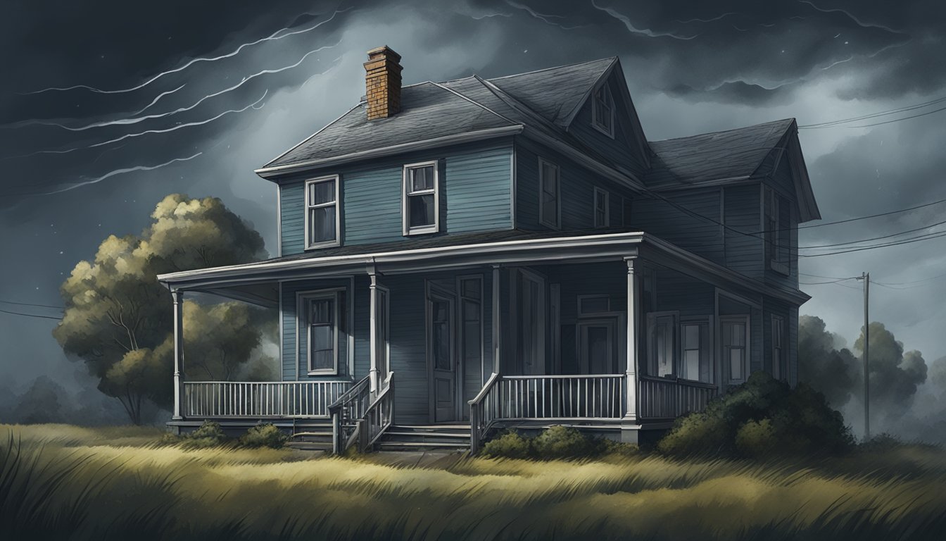 A dark, stormy sky looms over a house with closed windows. Inside, mold and dust gather, exacerbating symptoms of CIRS