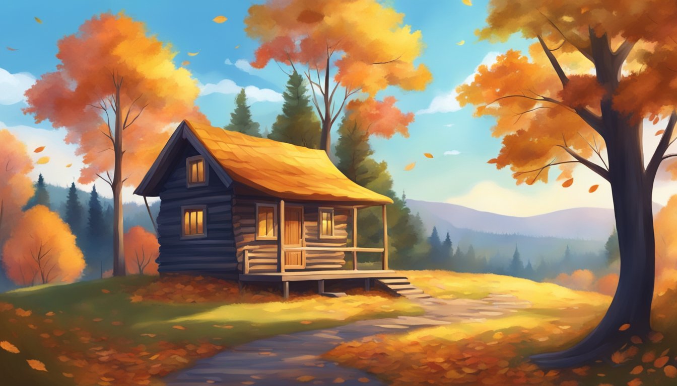 A serene landscape with vibrant autumn foliage and a clear blue sky. A cozy cabin nestled among the trees, surrounded by falling leaves