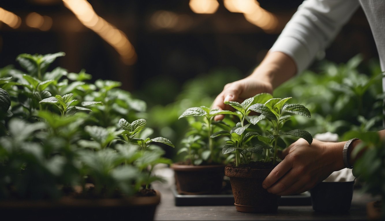 A person carefully selects a healthy peppermint plant from a variety of indoor plants