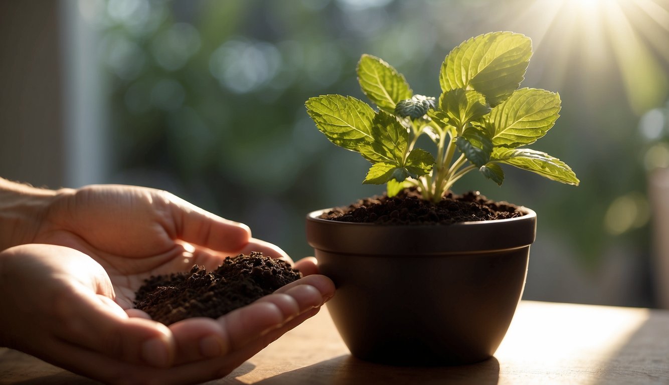 A hand holds a small pot with soil. A peppermint plant is being gently placed into the pot. Sunlight streams through a nearby window