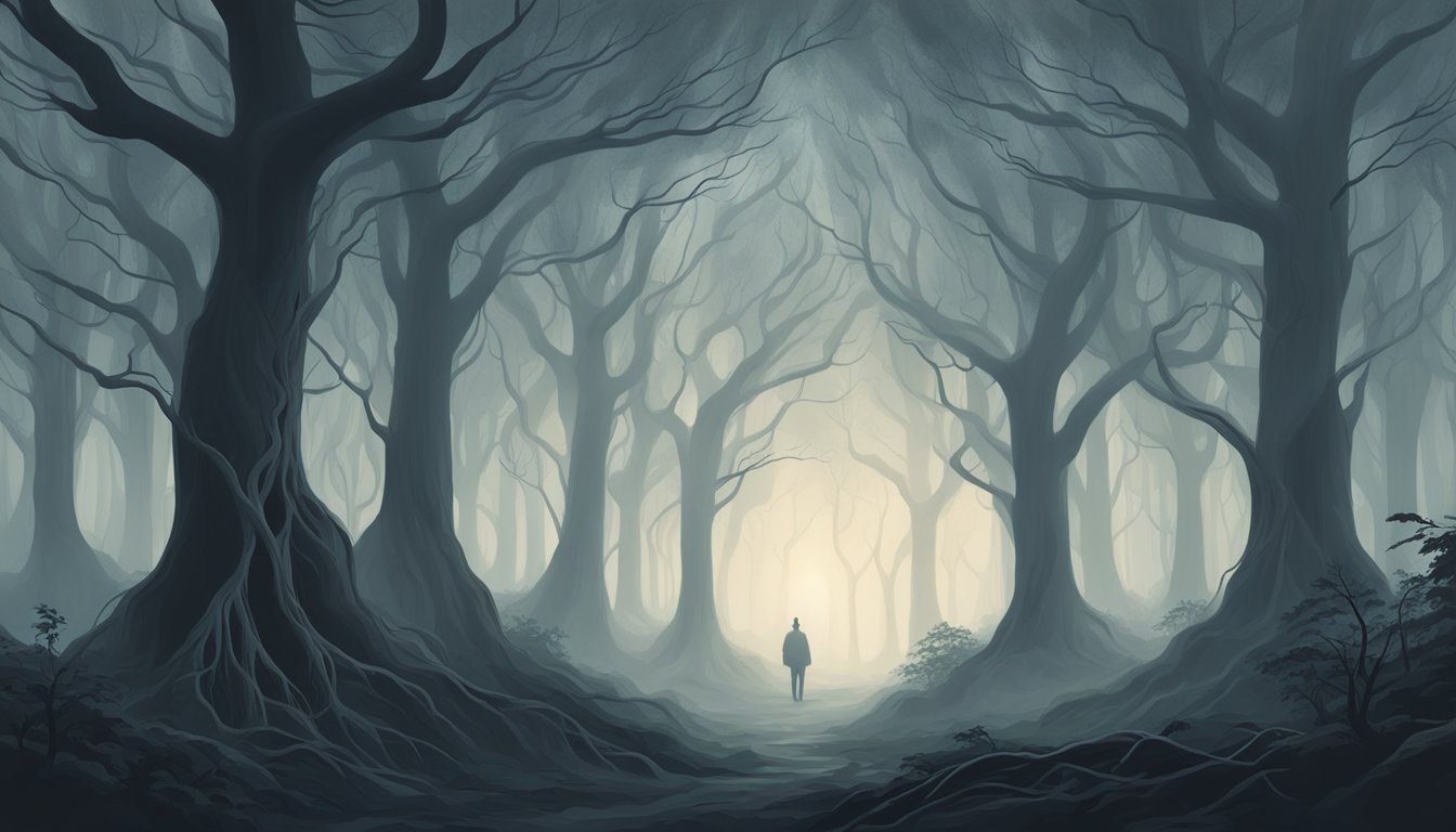 A dark, foggy forest with twisted trees and a sense of heaviness in the air. A mysterious link between CIRS and chronic fatigue syndrome is waiting to be discovered
