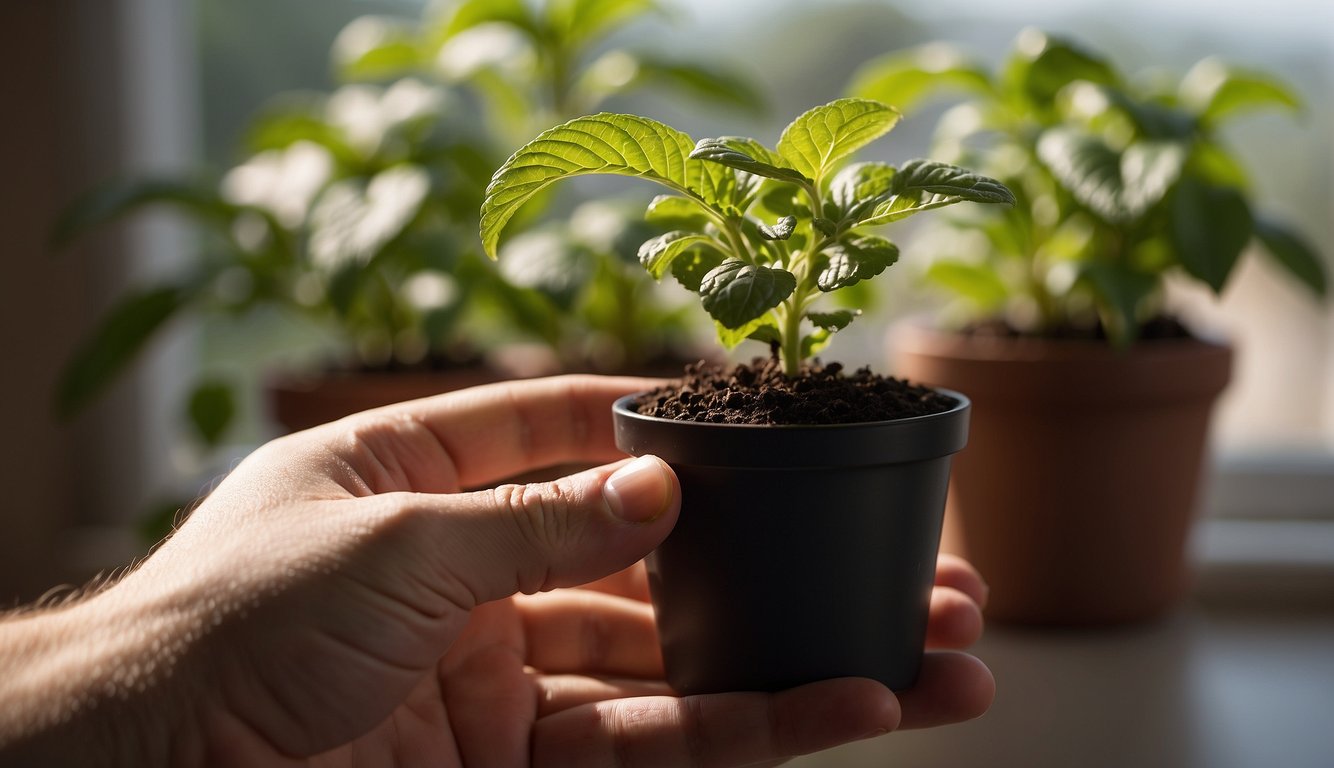 A hand holds a small pot, fills it with soil, and plants a peppermint seedling indoors near a sunny window