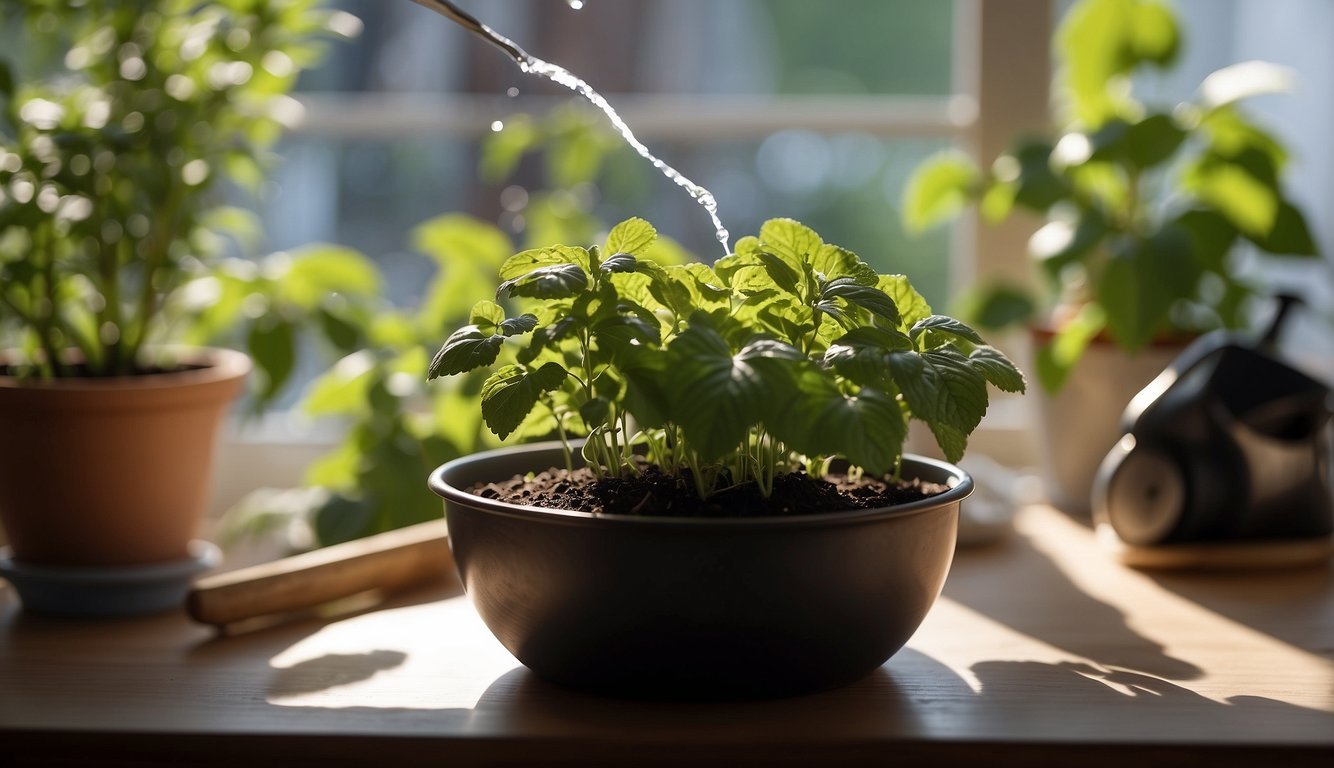 A hand pours water into a pot holding a peppermint plant indoors. The plant is placed near a sunny window, and a pair of pruning shears sits nearby for ongoing care and maintenance