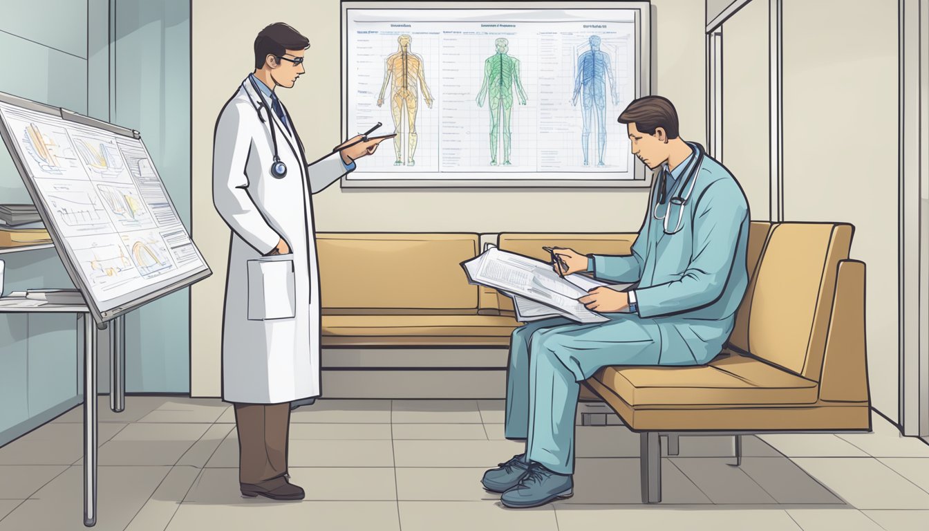 A doctor examines medical charts, while a patient sits in the waiting room, looking fatigued. The doctor points to a diagram showing the link between CIRS and Chronic Fatigue Syndrome