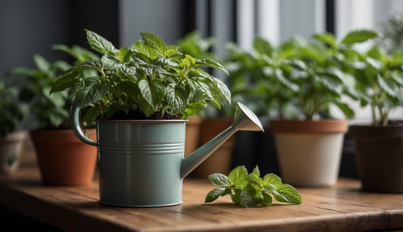 A peppermint plant sits in a pot indoors, wilting leaves and yellowing stems. Nearby, a watering can and a bag of soil suggest potential solutions