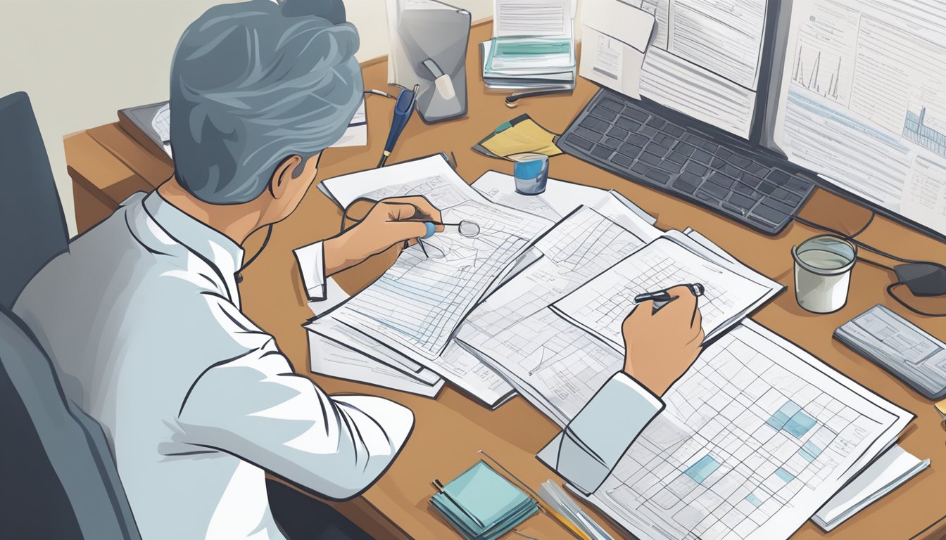 A doctor reviewing medical charts, connecting CIRS and Chronic Fatigue Syndrome. Research papers and treatment plans scattered on desk