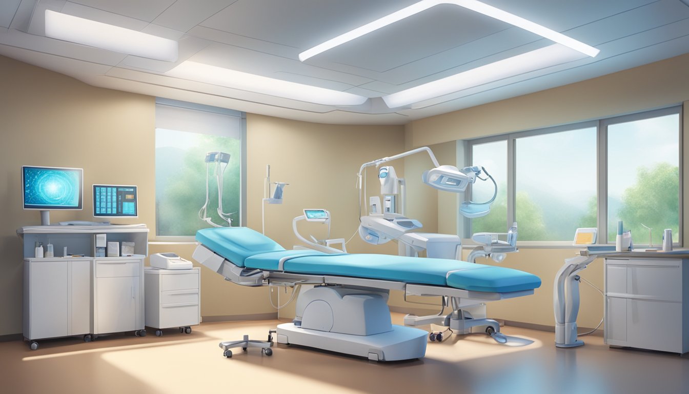 A serene, modern clinic room with advanced medical equipment and innovative therapies for the treatment of Chronic Inflammatory Response Syndrome (CIRS)