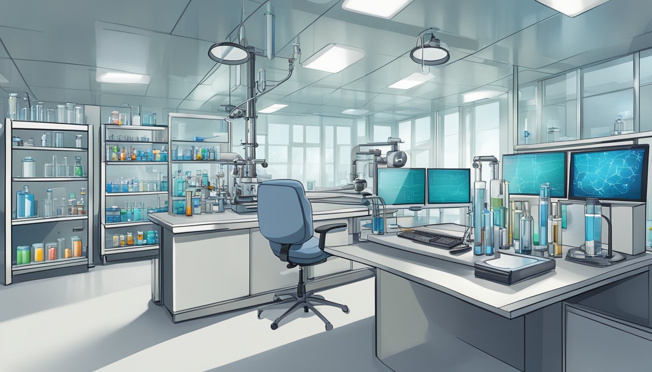 A laboratory setting with test tubes, scientific equipment, and a computer displaying innovative therapies for CIRS treatment