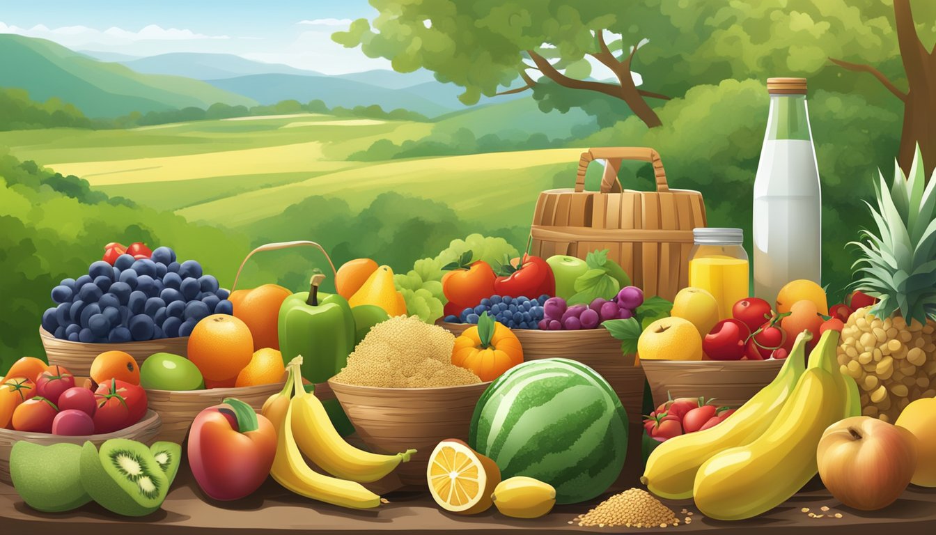 A colorful array of fresh fruits, vegetables, and whole grains, alongside exercise equipment and relaxation aids, set against a backdrop of natural scenery