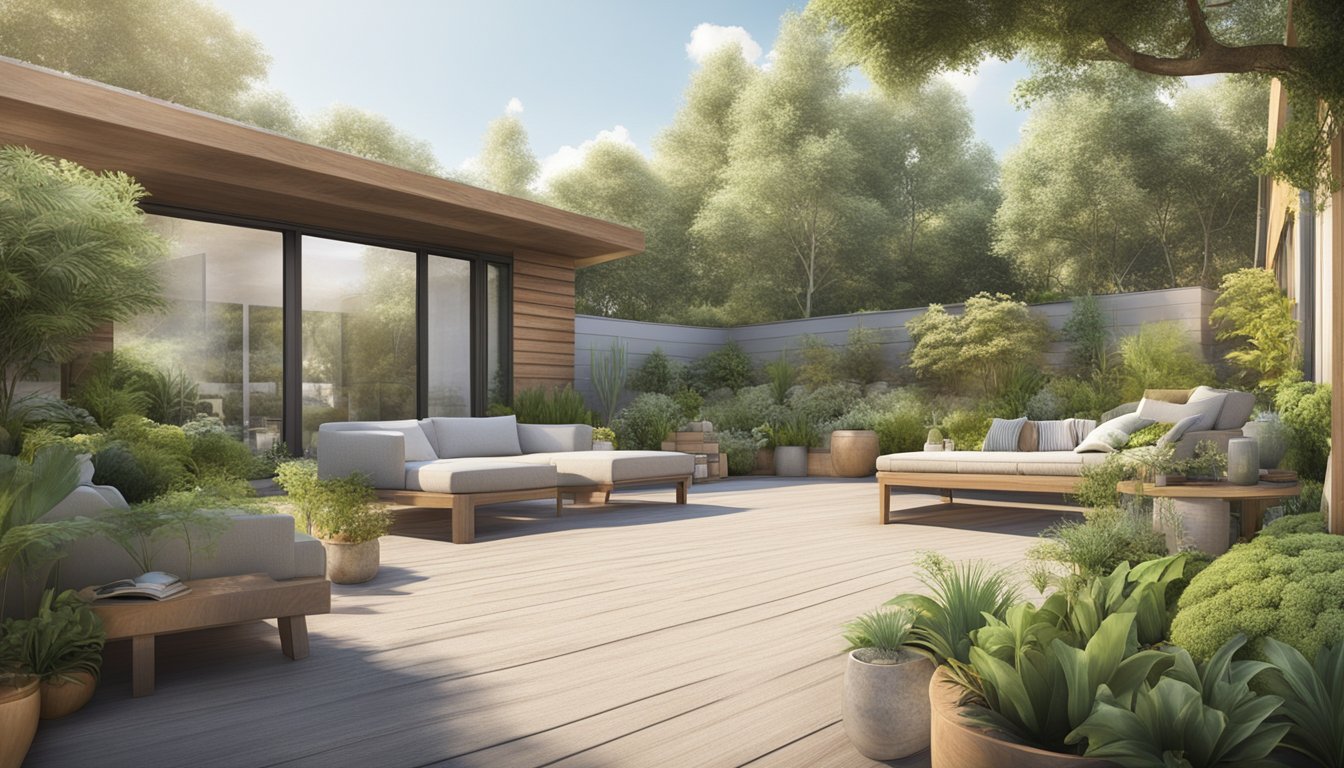 A serene outdoor space with mold-safe materials and plants, free from potential mold exposure