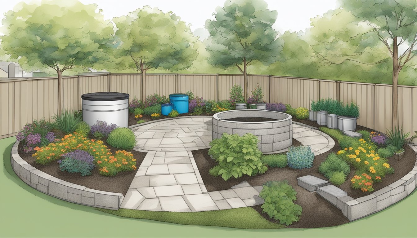 A landscaped backyard with rain barrels, permeable paving, and raised garden beds to create a mold-safe outdoor living space for CIRS patients