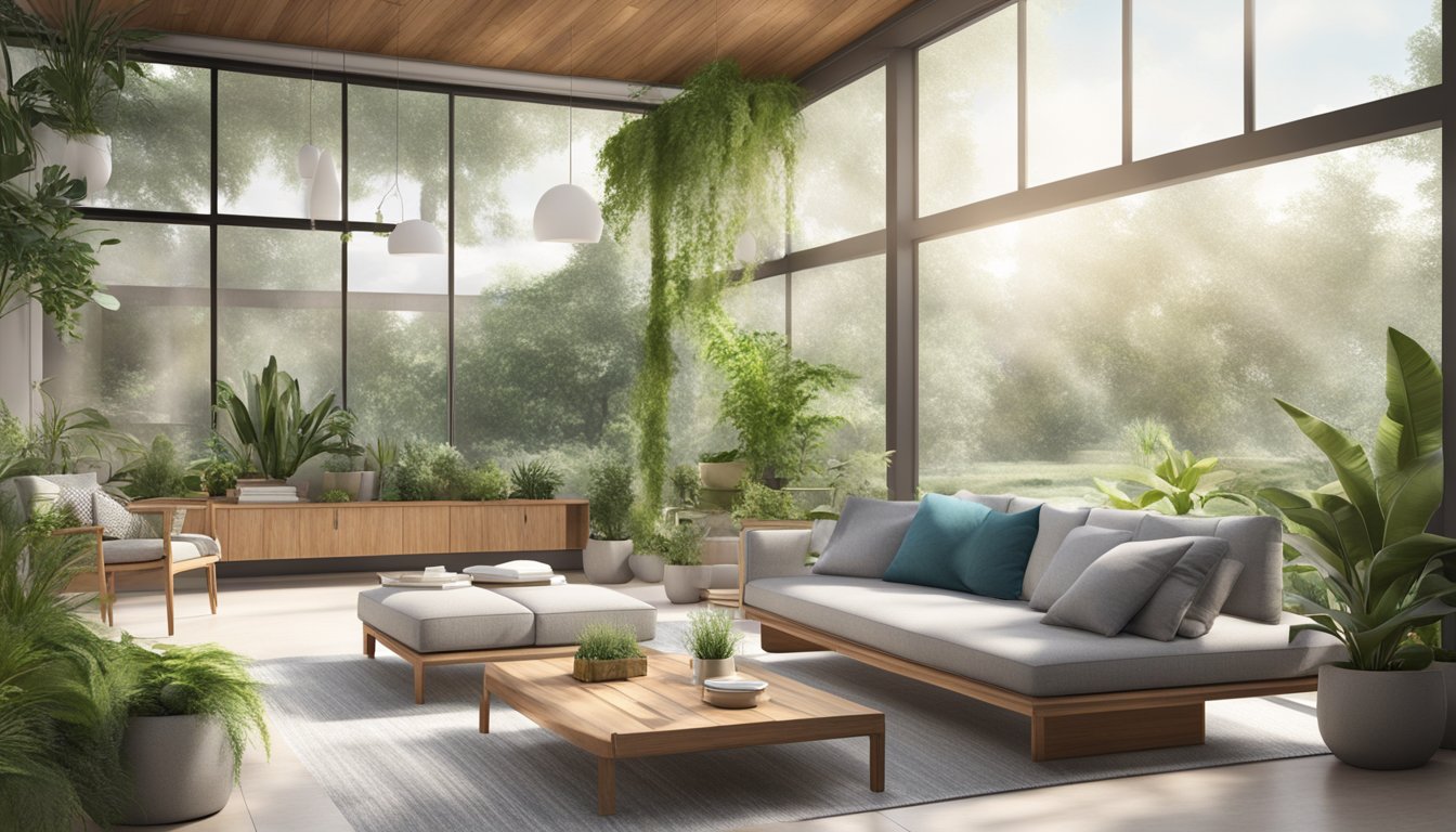 A modern, open-air living space with proper ventilation, natural light, and mold-resistant materials. Outdoor plants and greenery add to the fresh, clean atmosphere