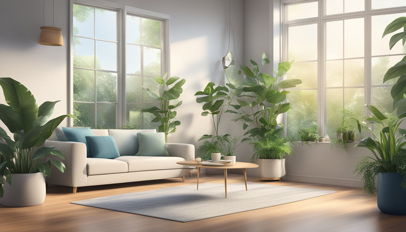 A room with an air purifier placed in the corner, surrounded by plants and open windows. The purifier is running, with clean, fresh air circulating throughout the space