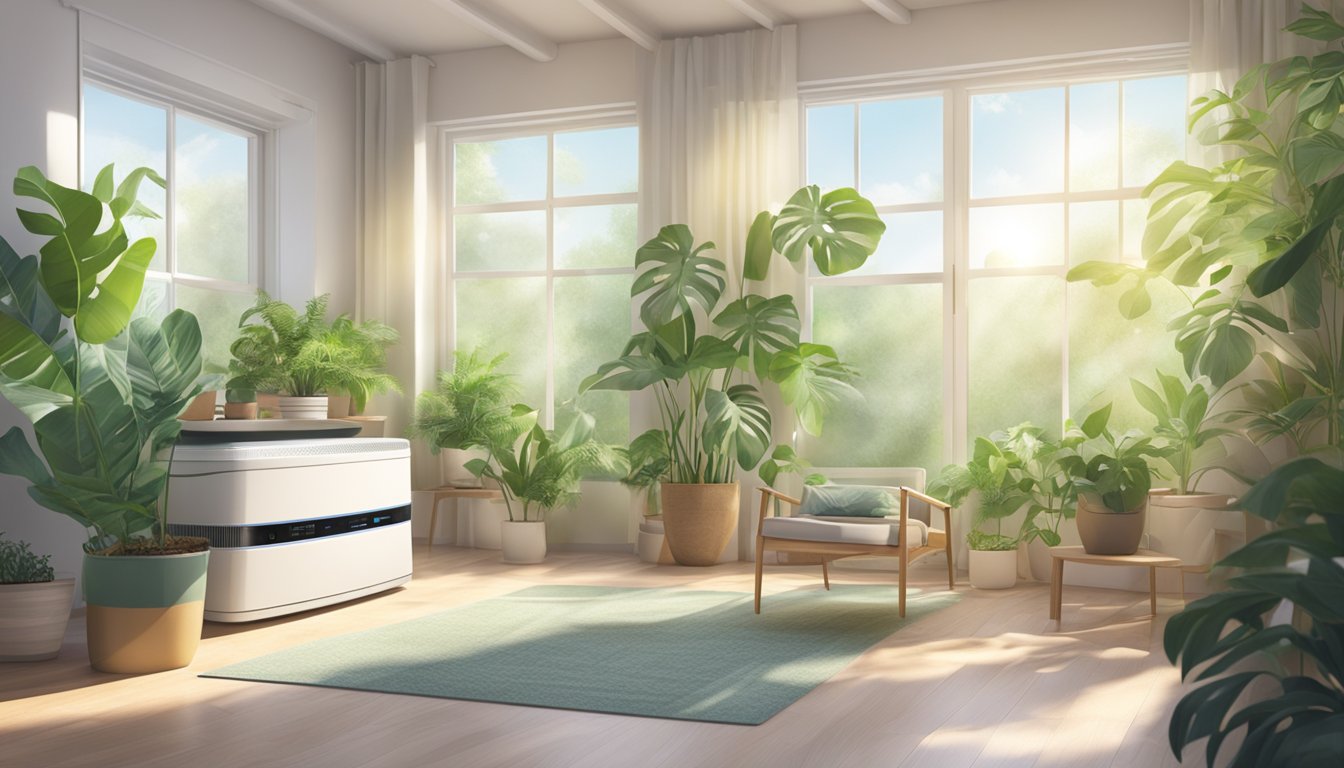 A room with an air purifier running, surrounded by plants and natural light, creating a clean and healthy indoor environment