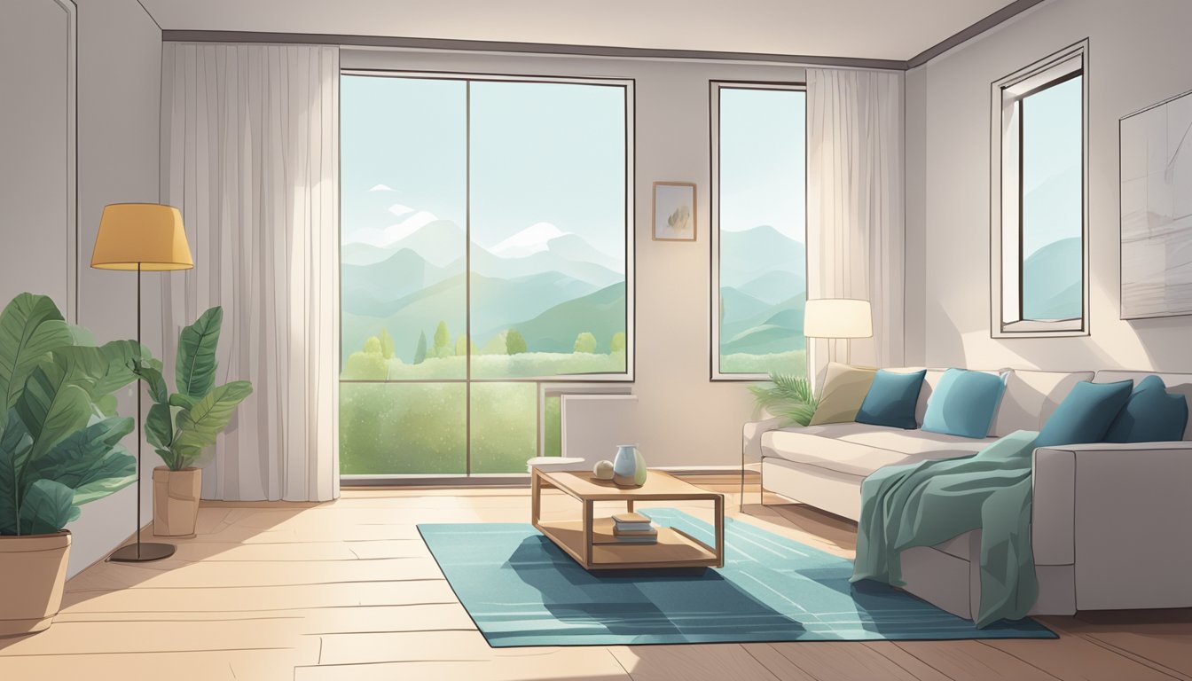 A room with an air purifier placed near a window, circulating fresh air and reducing VOCs. A sense of cleanliness and freshness is evident in the environment